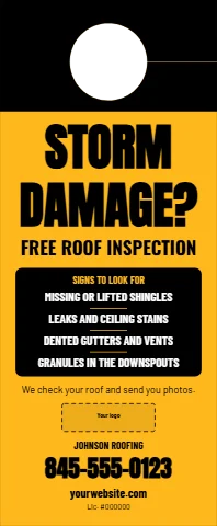 Door hanger template, roofing, storm damage inspection, reading "STORM", "DAMAGE?" and "845-555-0123", in black and gold, with a space for your logo