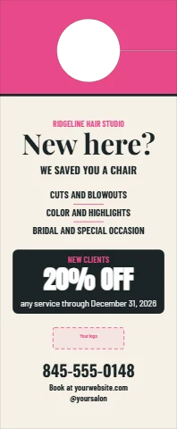 Door hanger template, salon, new client offer, reading "New here?", "20% OFF" and "845-555-0148", in pink and cream, with a space for your logo