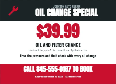 EDDM postcard template, oil change special, reading "OIL CHANGE SPECIAL", "$39.99" and "CALL 845-555-0167 TO BOOK", in charcoal and white