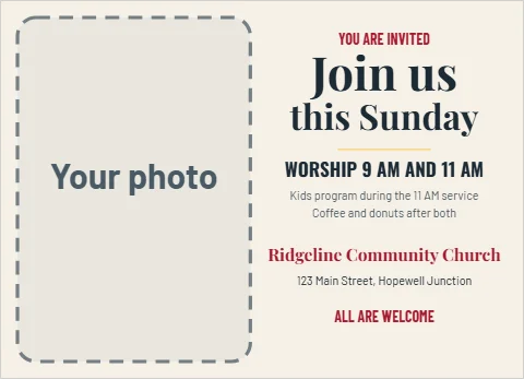 EDDM postcard template, join us this Sunday, reading "Join us", "this Sunday" and "WORSHIP 9 AM AND 11 AM", in cream, with a space for your logo