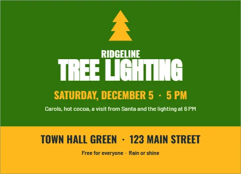 EDDM postcard template, holiday tree lighting, reading "TREE LIGHTING", "SATURDAY, DECEMBER 5 · 5 PM" and "TOWN HALL GREEN · 123 MAIN STREET", in gold and green