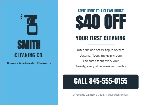 EDDM postcard template, house cleaning, reading "$40 OFF", "SMITH" and "CALL 845-555-0155", in sky blue and white