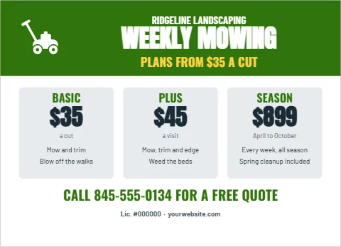 EDDM postcard template, weekly lawn care plans, reading "WEEKLY MOWING", "$35" and "$45", in green and white