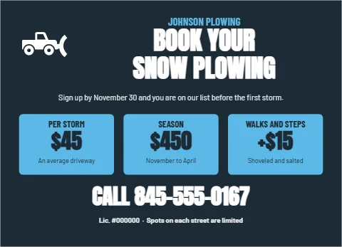 EDDM postcard template, snow plowing sign-ups, reading "BOOK YOUR", "SNOW PLOWING" and "$45", in navy