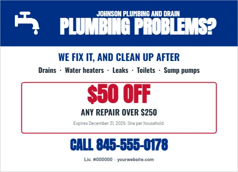 EDDM postcard template, plumbing and drains, reading "PLUMBING PROBLEMS?", "$50 OFF" and "CALL 845-555-0178", in blue and white