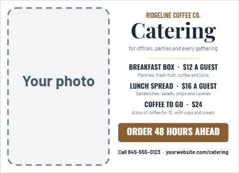 EDDM postcard template, catering menu, reading "RIDGELINE COFFEE CO.", "Catering" and "ORDER 48 HOURS AHEAD", in white, with a space for your logo