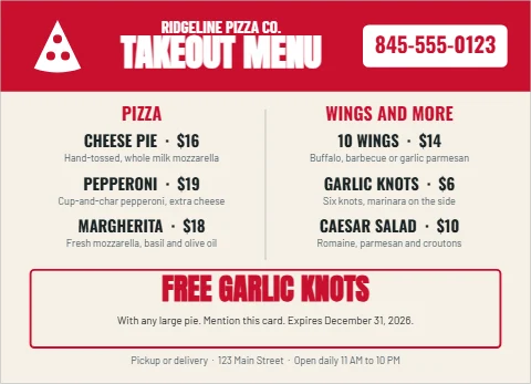 EDDM postcard template, takeout menu, reading "845-555-0123", "TAKEOUT MENU" and "FREE GARLIC KNOTS", in red and cream