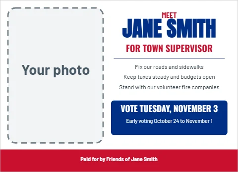 EDDM postcard template, meet the candidate, reading "JANE SMITH", "FOR TOWN SUPERVISOR" and "VOTE TUESDAY, NOVEMBER 3", in red and white, with a space for your logo