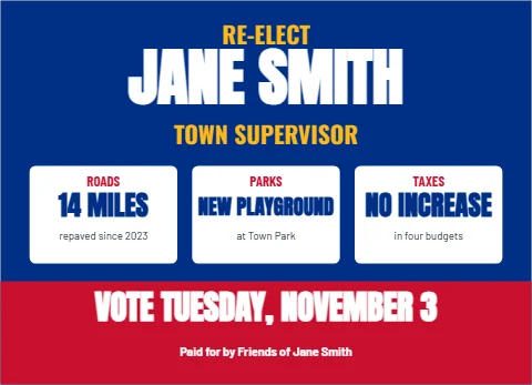EDDM postcard template, re-elect, the record, reading "JANE SMITH", "14 MILES" and "VOTE TUESDAY, NOVEMBER 3", in red and blue