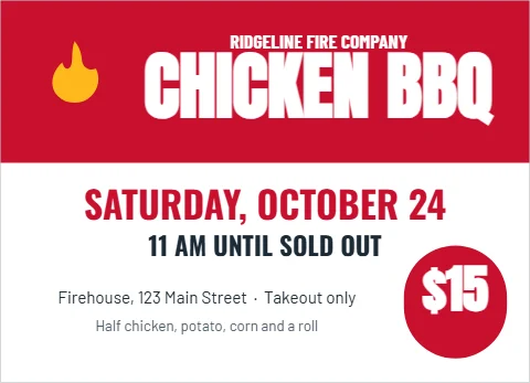 EDDM postcard template, chicken BBQ fundraiser, reading "CHICKEN BBQ", "SATURDAY, OCTOBER 24" and "$15", in red and white