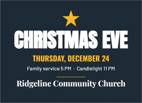 EDDM postcard template, christmas Eve services, reading "CHRISTMAS EVE", "THURSDAY, DECEMBER 24" and "Ridgeline Community Church", in navy