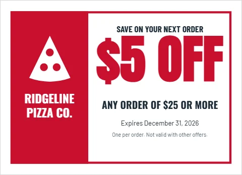 EDDM postcard template, restaurant coupon, reading "$5 OFF", "RIDGELINE" and "PIZZA CO.", in red and white