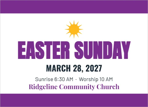 EDDM postcard template, easter Sunday, reading "EASTER SUNDAY", "MARCH 28, 2027" and "Ridgeline Community Church", in purple and white