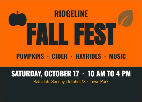 EDDM postcard template, fall festival, reading "RIDGELINE", "FALL FEST" and "SATURDAY, OCTOBER 17 · 10 AM TO…", in charcoal and orange