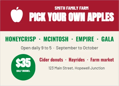 EDDM postcard template, pick your own apples, reading "PICK YOUR OWN APPLES", "HONEYCRISP · MCINTOSH · EMPIRE ·…" and "$35", in maroon and cream