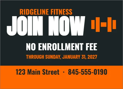 EDDM postcard template, gym, join now, reading "RIDGELINE FITNESS", "JOIN NOW" and "NO ENROLLMENT FEE", in orange and charcoal