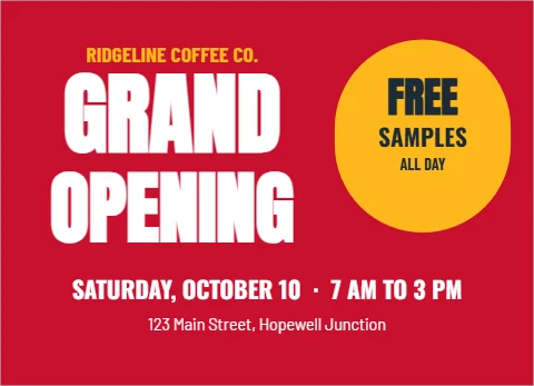 EDDM postcard template, grand opening, gold seal, reading "GRAND", "FREE" and "OPENING", in gold and red