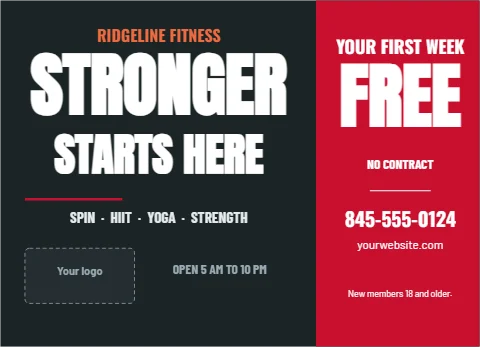 EDDM postcard template, gym, first week free, reading "STRONGER", "FREE" and "STARTS HERE", in red and charcoal, with a space for your logo