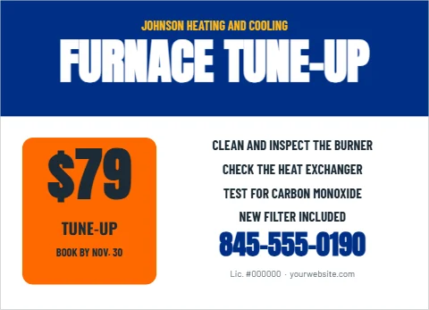 EDDM postcard template, furnace tune-up, $79, reading "FURNACE TUNE-UP", "$79" and "845-555-0190", in blue and white