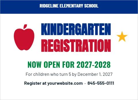 EDDM postcard template, kindergarten registration, reading "KINDERGARTEN", "REGISTRATION" and "NOW OPEN FOR 2027-2028", in blue and white