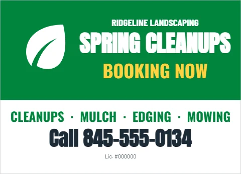 EDDM postcard template, spring cleanups, booking now, reading "SPRING CLEANUPS", "BOOKING NOW" and "Call 845-555-0134", in green and white