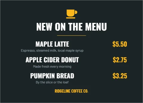 EDDM postcard template, new on the menu, reading "NEW ON THE MENU", "MAPLE LATTE" and "$5.50", in charcoal