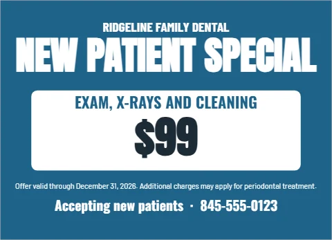 EDDM postcard template, new patient special, reading "NEW PATIENT SPECIAL", "EXAM, X-RAYS AND CLEANING" and "$99", in white and steel blue