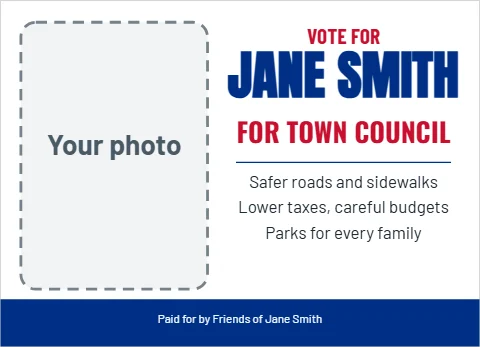 EDDM postcard template, candidate mailer, reading "VOTE FOR", "JANE SMITH" and "FOR TOWN COUNCIL", in blue and white, with a space for your logo
