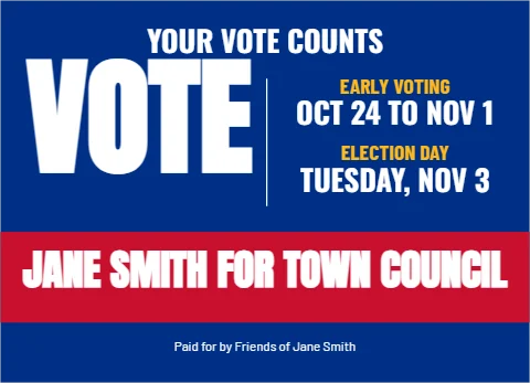 EDDM postcard template, get out the vote, reading "YOUR VOTE COUNTS", "VOTE" and "JANE SMITH FOR TOWN COUNCIL", in red and blue