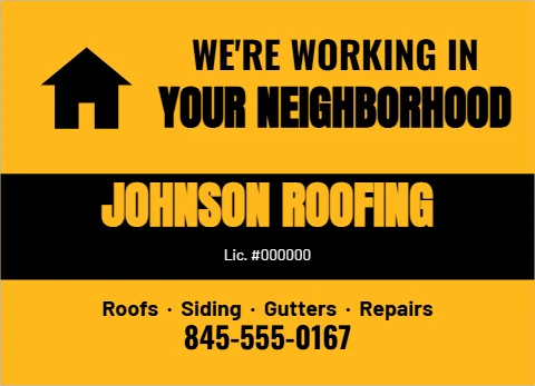 EDDM postcard template, working in your neighborhood, reading "WE'RE WORKING IN", "YOUR NEIGHBORHOOD" and "JOHNSON ROOFING", in black and gold