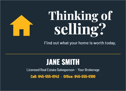EDDM postcard template, thinking of selling?, reading "Thinking of", "selling?" and "JANE SMITH", in navy