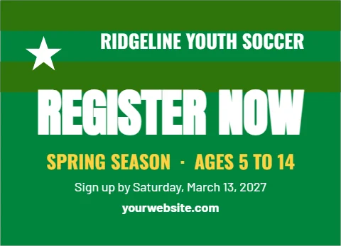 EDDM postcard template, youth sports registration, reading "RIDGELINE YOUTH SOCCER", "REGISTER NOW" and "SPRING SEASON · AGES 5 TO 14", in green