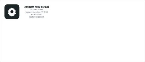 Envelope template, auto repair, reading "JOHNSON AUTO REPAIR", "123 Main Street" and "yourwebsite.com", in white