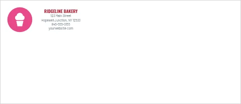 Envelope template, bakery, pink disc, reading "RIDGELINE BAKERY", "123 Main Street" and "yourwebsite.com", in white