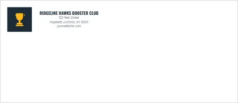Envelope template, booster club, reading "RIDGELINE HAWKS BOOSTER CLUB", "123 Main Street" and "yourwebsite.com", in white