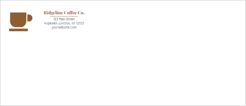 Envelope template, coffee shop, reading "Ridgeline Coffee Co.", "123 Main Street" and "yourwebsite.com", in white