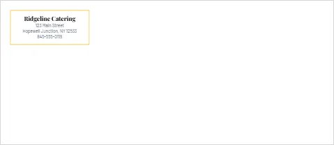 Envelope template, catering, black and gold, reading "Ridgeline Catering", "123 Main Street" and "Hopewell Junction, NY 12533", in white