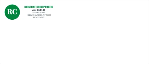 Envelope template, chiropractor initials, reading "RIDGELINE CHIROPRACTIC", "RC" and "Jane Smith, DC", in white