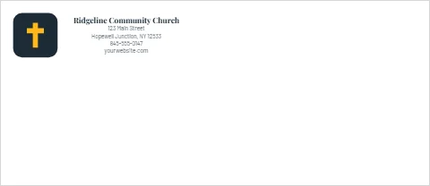 Envelope template, church, navy and gold, reading "Ridgeline Community Church", "123 Main Street" and "yourwebsite.com", in white