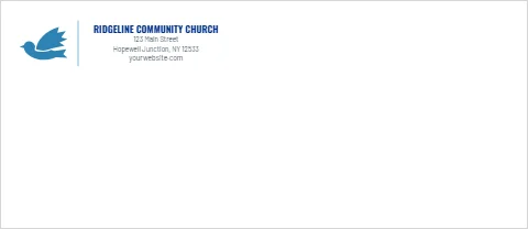 Envelope template, church, dove, reading "RIDGELINE COMMUNITY CHURCH", "123 Main Street" and "yourwebsite.com", in white