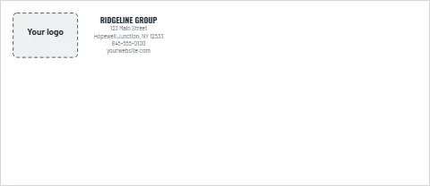 Envelope template, classic logo left, reading "RIDGELINE GROUP", "123 Main Street" and "yourwebsite.com", in white, with a space for your logo