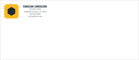 Envelope template, bold gold block, reading "RIDGELINE CONSULTING", "123 Main Street" and "yourwebsite.com", in white