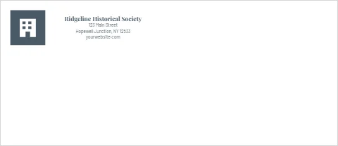 Envelope template, historical society, reading "Ridgeline Historical Society", "123 Main Street" and "yourwebsite.com", in white