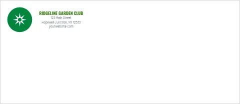Envelope template, garden club, reading "RIDGELINE GARDEN CLUB", "123 Main Street" and "yourwebsite.com", in white