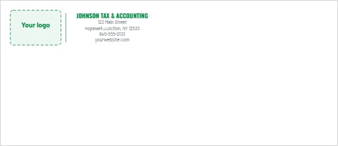 Envelope template, accountant, green rule, reading "JOHNSON TAX & ACCOUNTING", "123 Main Street" and "yourwebsite.com", in white, with a space for your logo