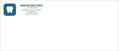 Envelope template, dental office, teal, reading "RIDGELINE FAMILY DENTAL", "123 Main Street" and "yourwebsite.com", in white