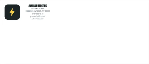 Envelope template, electrician, yellow bolt, reading "JOHNSON ELECTRIC", "123 Main Street" and "yourwebsite.com", in white