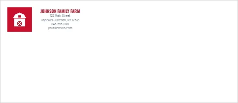 Envelope template, family farm, barn red, reading "JOHNSON FAMILY FARM", "123 Main Street" and "yourwebsite.com", in white