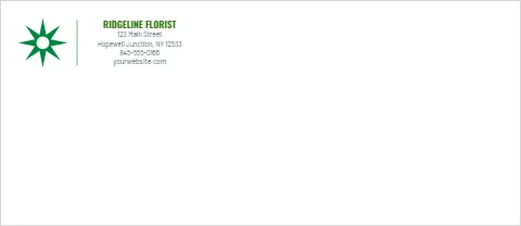 Envelope template, florist, reading "RIDGELINE FLORIST", "123 Main Street" and "yourwebsite.com", in white