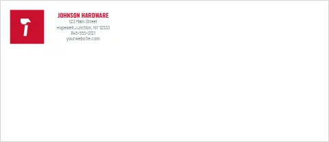 Envelope template, hardware store, reading "JOHNSON HARDWARE", "123 Main Street" and "yourwebsite.com", in white
